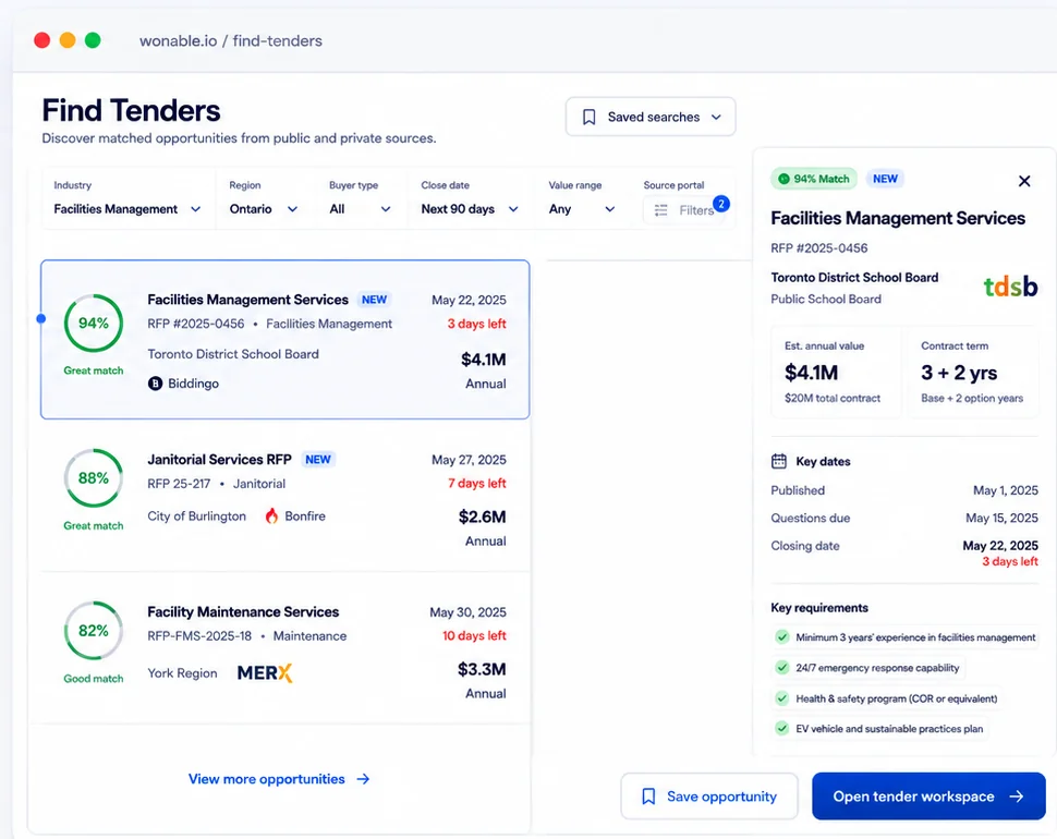 Wonable Find Tenders workspace showing matched Canadian government tenders, fit scores, values and tender details